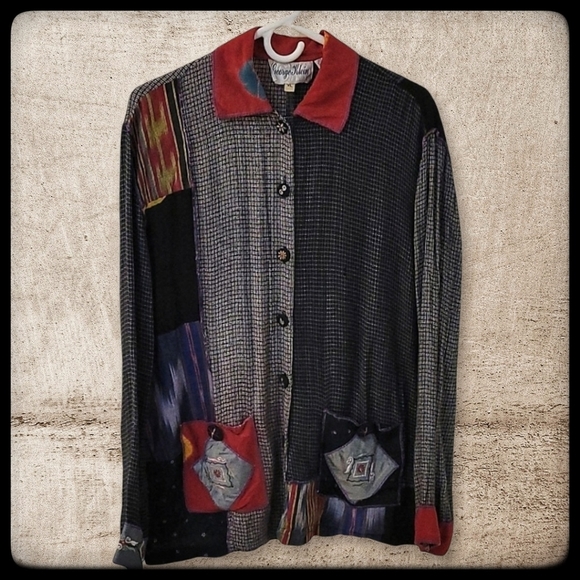 GEORGE KLEIN! 1990s Patchwork Artsy Long Sleeve - Picture 1 of 10